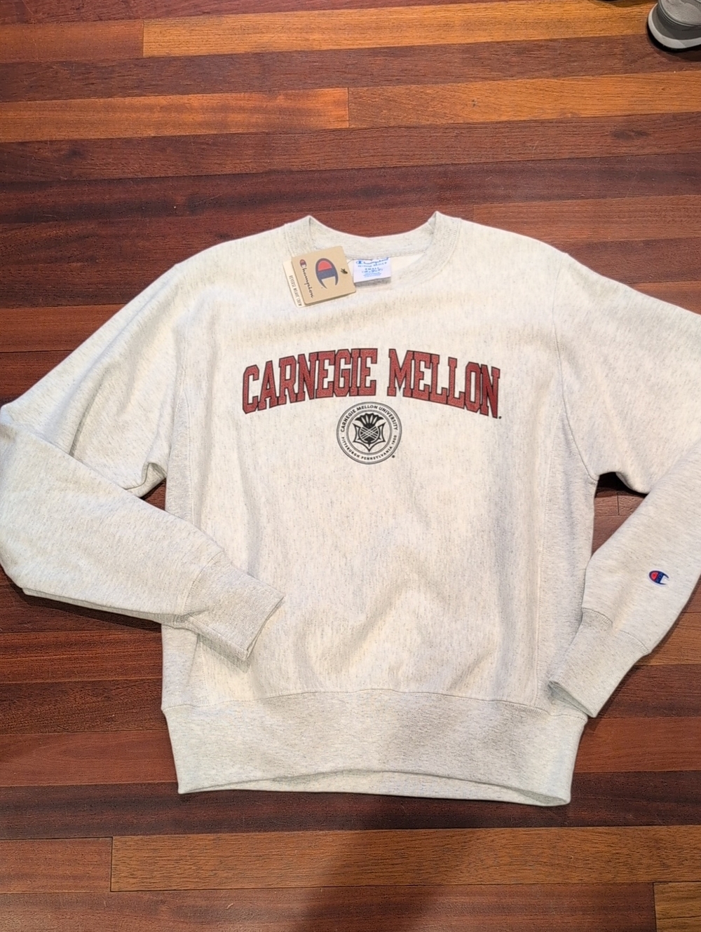 Carnegie Mellon White Heathered Champion Crew Neck Sweatshirt Reverse Weave
